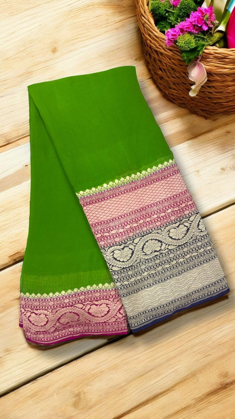 Green Khaddi Georgette Handloom Banarasi Saree - The Handlooms
