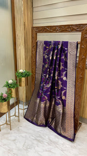 Purple Pure Katan Silk Banarasi Handloom Saree - All over Sona Roopa kadiyal Jaal work - The Handlooms