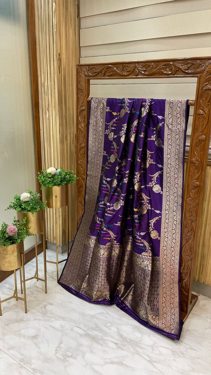 Purple Pure Katan Silk Banarasi Handloom Saree - All over Sona Roopa kadiyal Jaal work - The Handlooms
