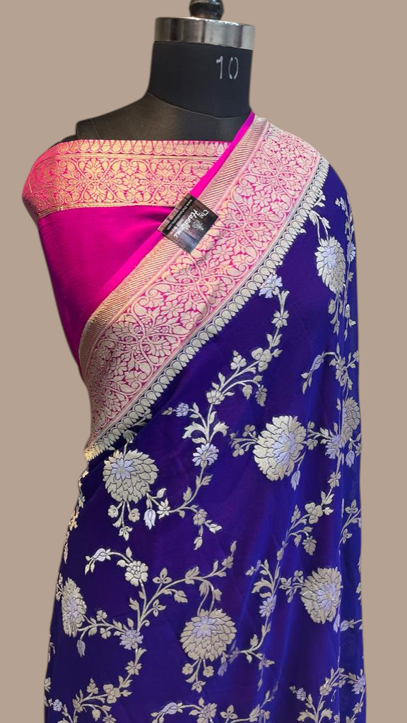 Khaddi Georgette Handloom Banarasi Saree - All over sona roopa Jaal Work - The Handlooms