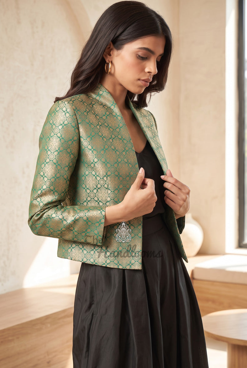 Green Pure Katan Silk Handwoven Jacket - Tanchui Brocade