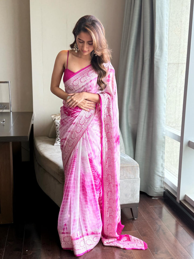 Ashika Ranganath in Pure Georgette Handloom Banarasi Saree - Silver Zari