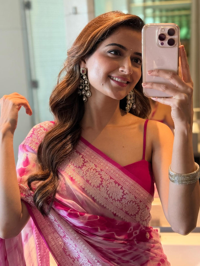 Ashika Ranganath in Pure Georgette Handloom Banarasi Saree - Silver Zari