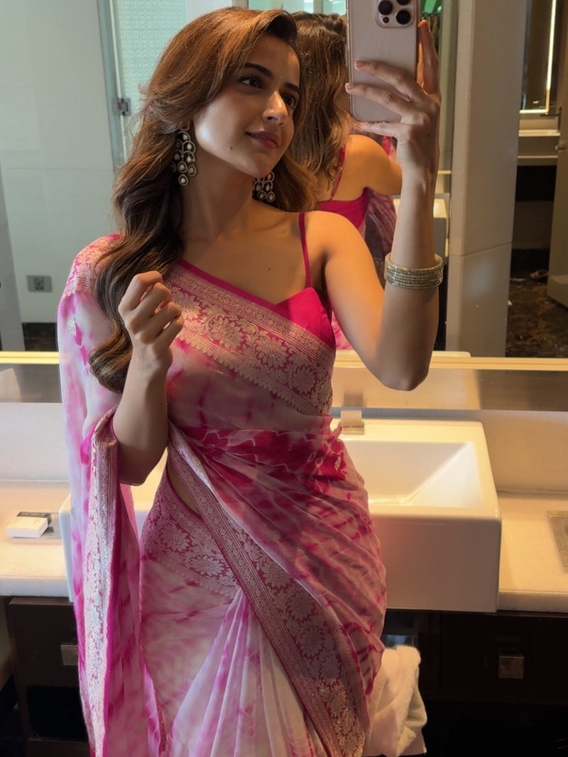 Ashika Ranganath in Pure Georgette Handloom Banarasi Saree - Silver Zari