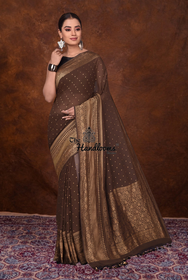 Coffee Khaddi Georgette Banarasi Saree - Antique zari