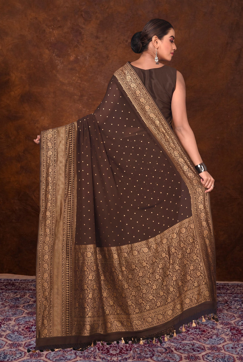 Coffee Khaddi Georgette Banarasi Saree - Antique zari