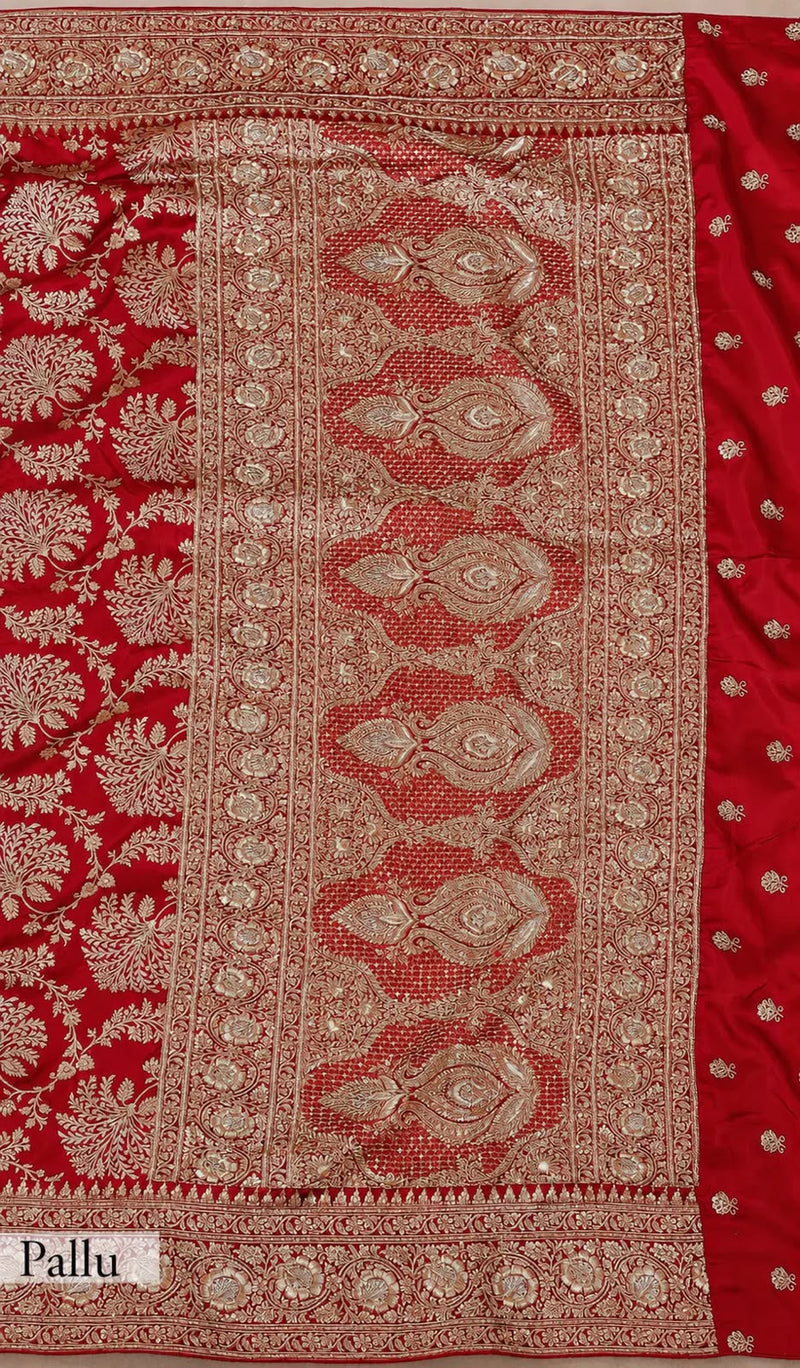 Pure Katan Silk Banarasi Handloom Saree with Zardozi Gota Patti Handwork