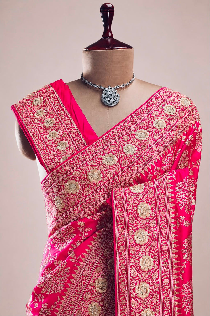 Pure Katan Silk Banarasi Handloom Saree with Zardozi Gota Patti Handwork