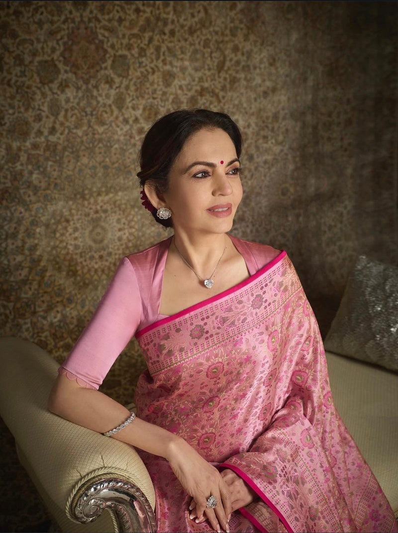 Nita Ambani in Regal Pure Katan Jamdani Silk Banarasi Saree – Handwoven Tanchui Brocade