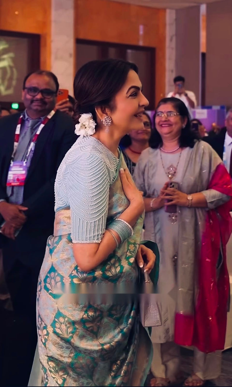 Nita Ambani in Pure Katan Silk Banarasi Handloom Saree - All Over Jaal Work