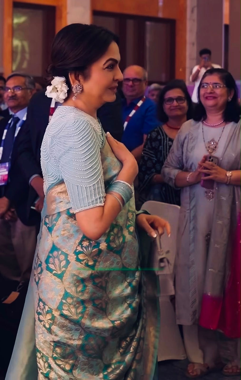 Nita Ambani in Pure Katan Silk Banarasi Handloom Saree - All Over Jaal Work