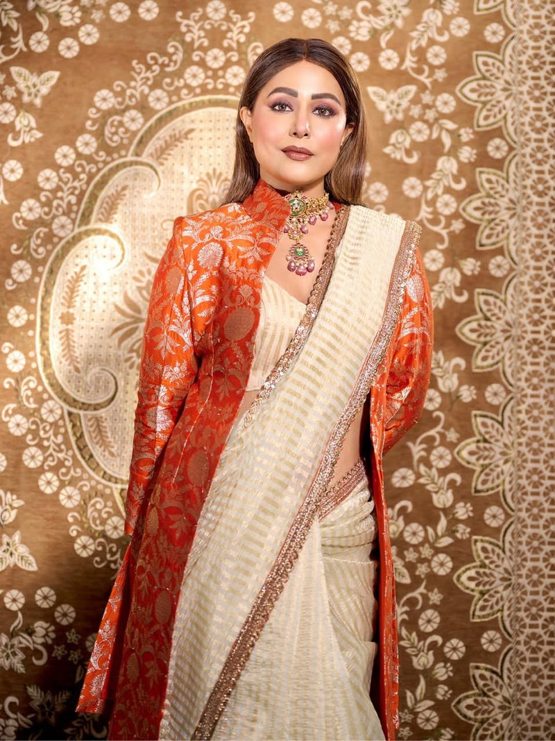 Hina Khan in Pure Kora Tissue Handloom Banarasi Saree With Lace - The Handlooms