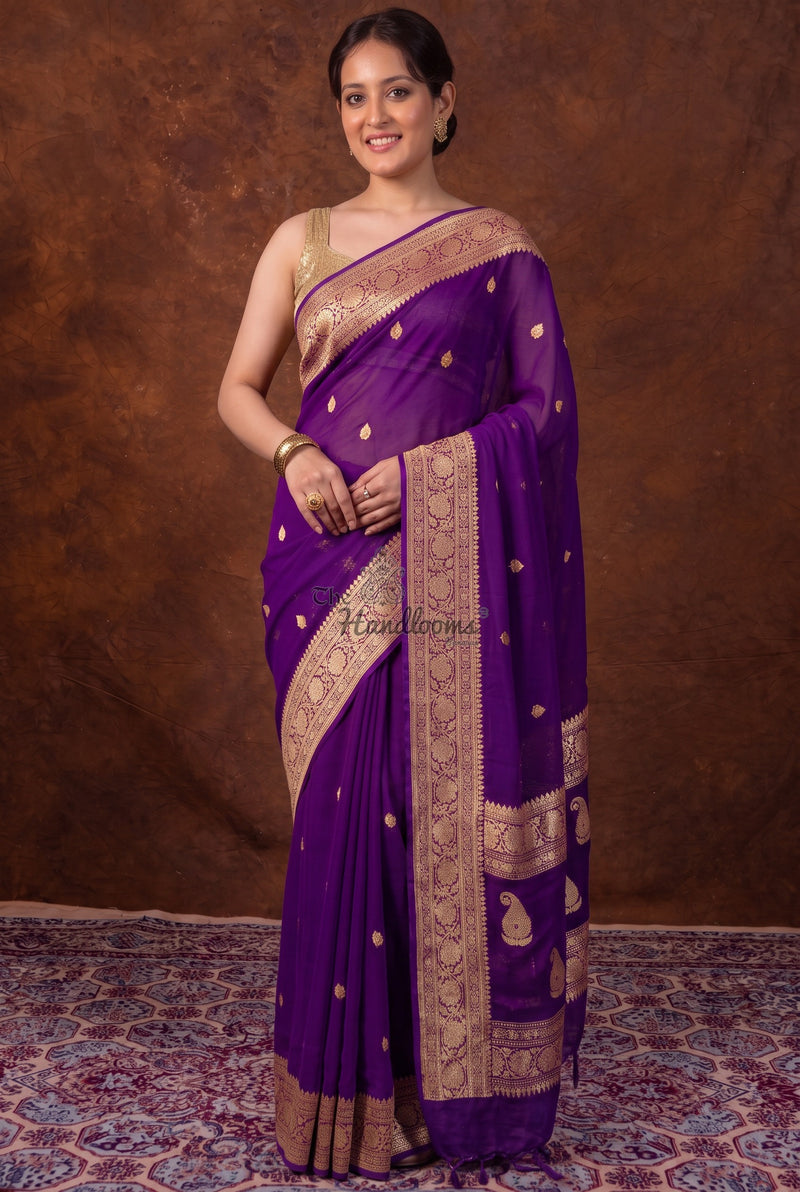 Purple Pure Georgette Handloom Banarasi Saree - Gold Zari