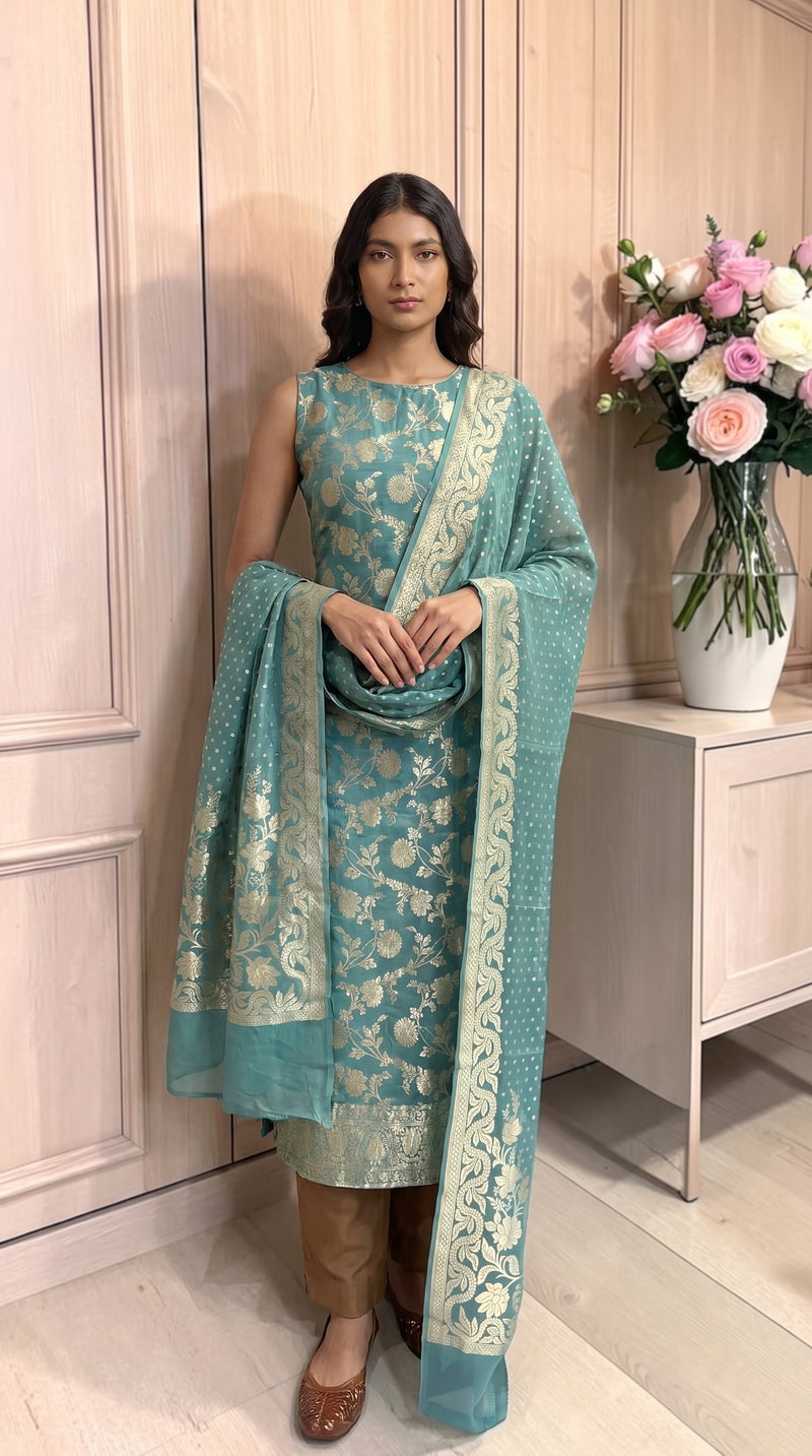 Pure Khaddi Georgette Handloom Banarasi Dress Material Water Zari - The Handlooms