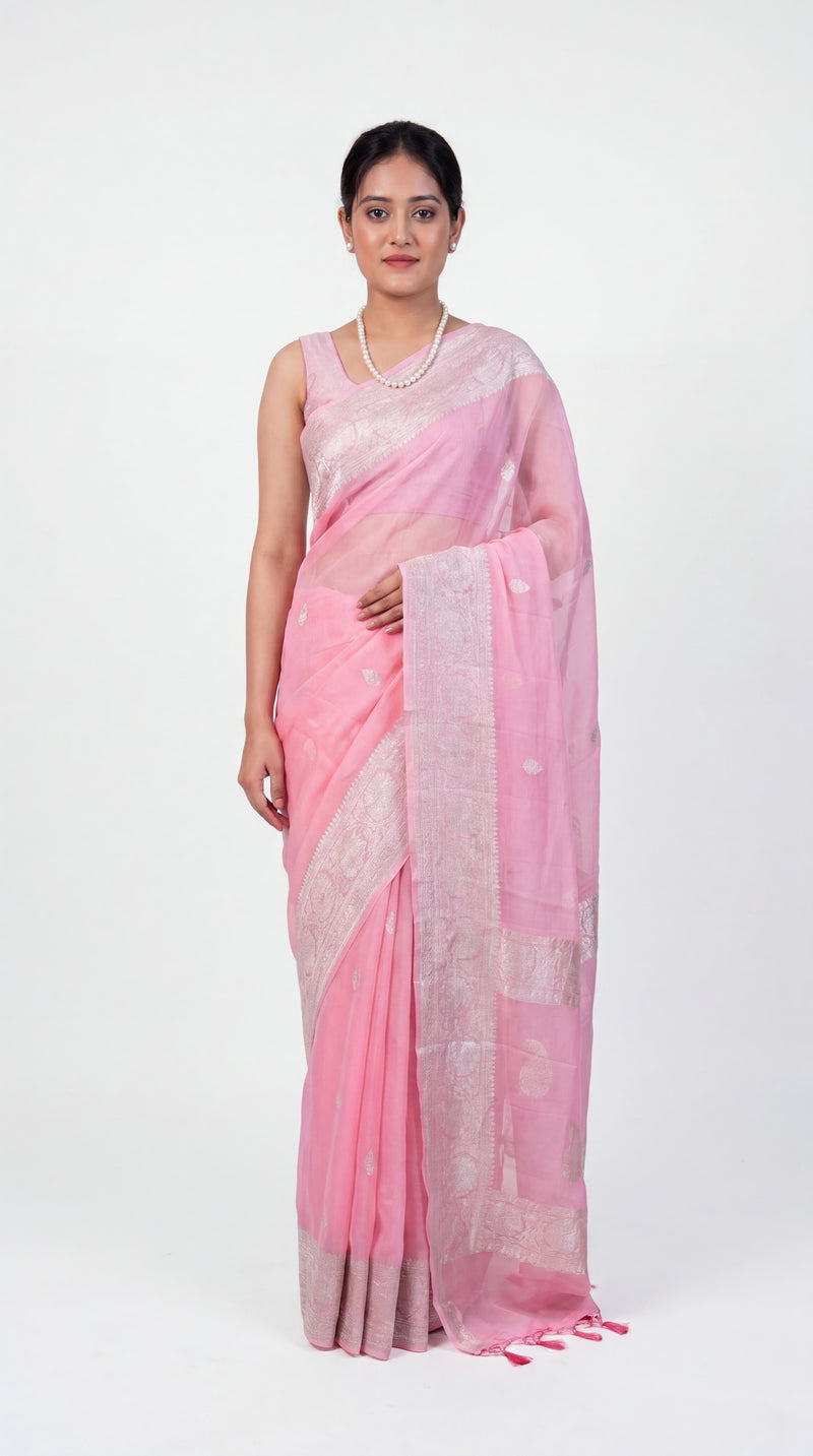 Pink Pure Georgette Handloom Banarasi Saree - Silver Zari - The Handlooms