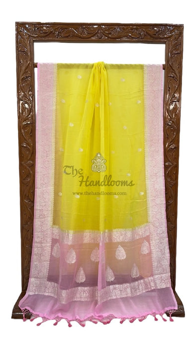 Lemon with Blush Pink Pure Georgette Handloom Banarasi Saree