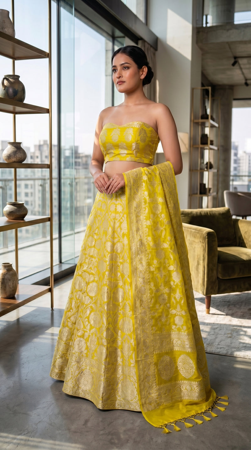 Pure Khaddi Georgette Handloom Banarasi Lehenga - Stitched - The Handlooms