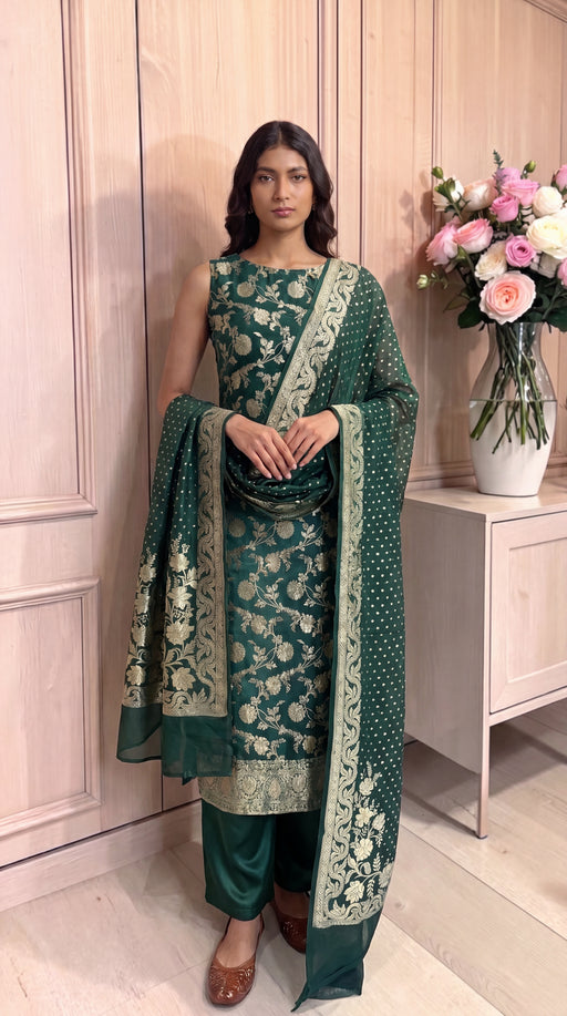Pure Khaddi Georgette Handloom Banarasi Dress Material Water Zari - The Handlooms