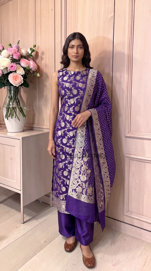 Pure Khaddi Georgette Handloom Banarasi Dress Material Water Zari - The Handlooms