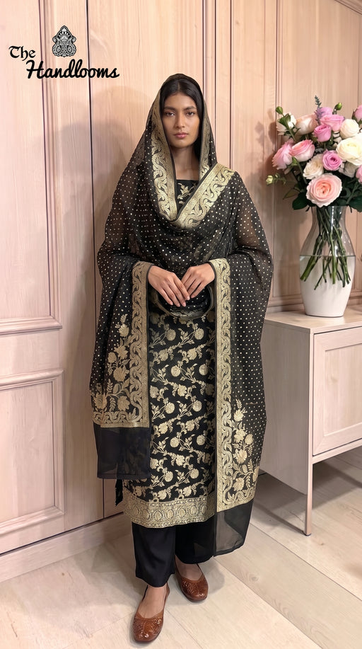 Pure Khaddi Georgette Handloom Banarasi Dress Material Water Zari - The Handlooms