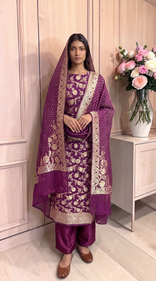 Pure Khaddi Georgette Handloom Banarasi Dress Material Water Zari - The Handlooms