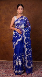 Royal Blue Pure organza Chikankari Handloom Banarasi Saree - The Handlooms