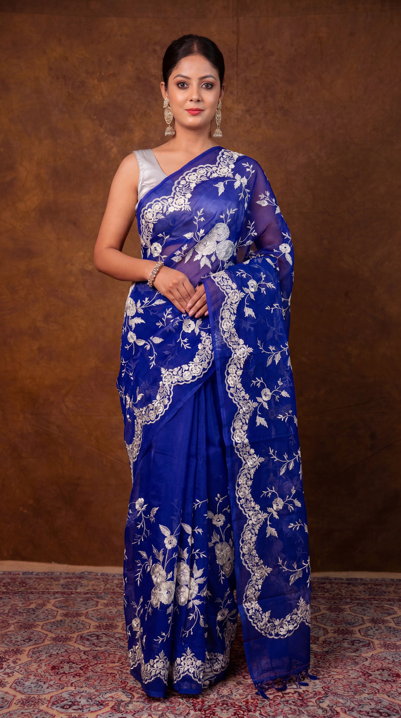 Royal Blue Pure organza Chikankari Handloom Banarasi Saree - The Handlooms