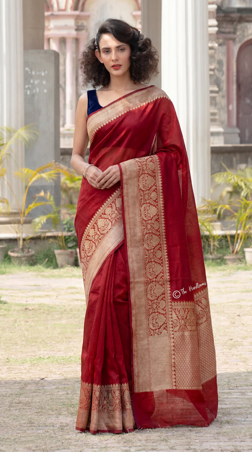 Red Pure linen Banarasi Saree - The Handlooms