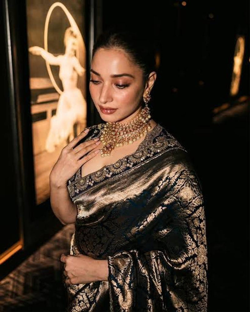 Tamannaah Bhatia Navy Blue Pure Katan Silk Banarasi Handloom Saree - Tanchui Brocade - The Handlooms