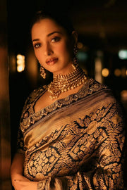 Tamannaah Bhatia Navy Blue Pure Katan Silk Banarasi Handloom Saree - Tanchui Brocade - The Handlooms