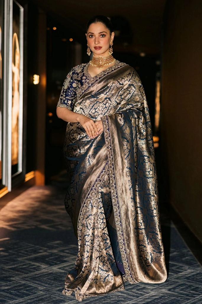 Tamannaah Bhatia Navy Blue Pure Katan Silk Banarasi Handloom Saree - Tanchui Brocade - The Handlooms