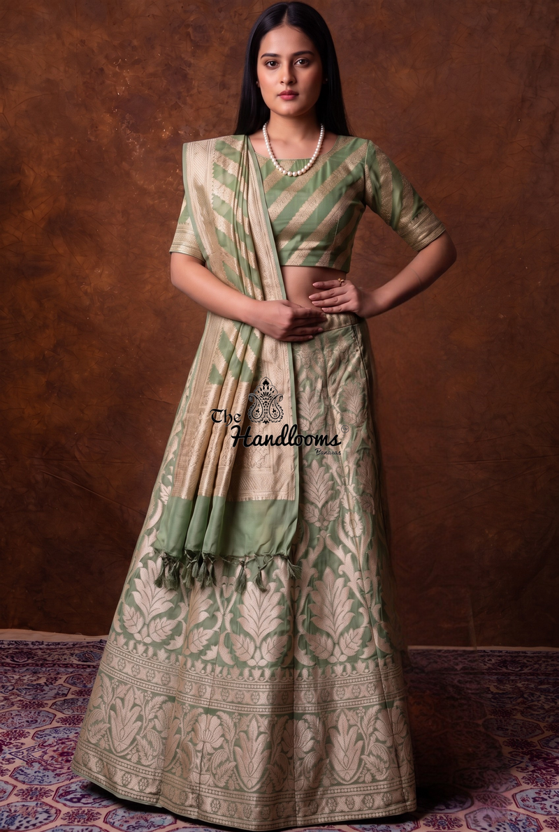 Pista Pure Khaddi Georgette Handloom Banarasi Lehenga