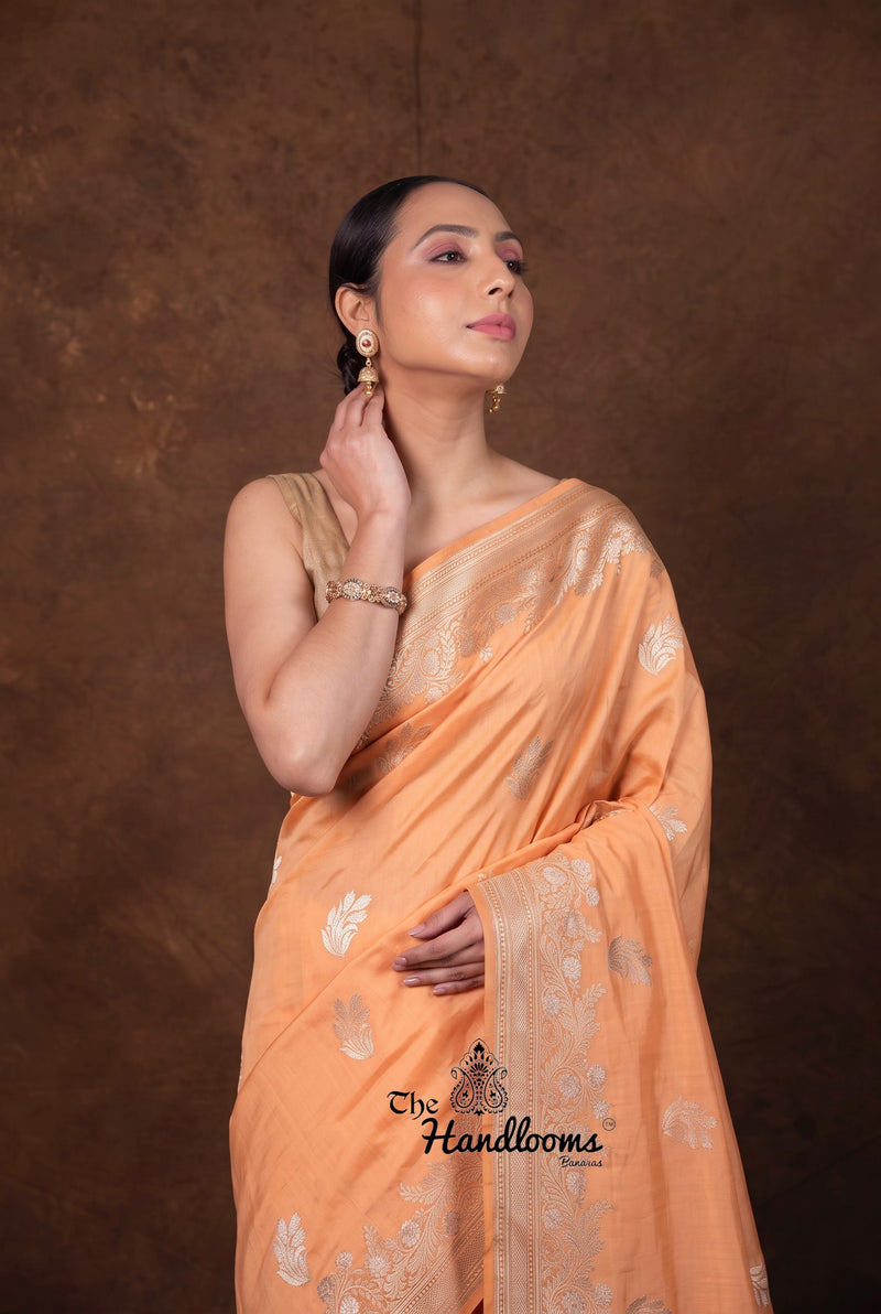 Peach Pure Mashru Katan Silk Banarasi Handloom Saree
