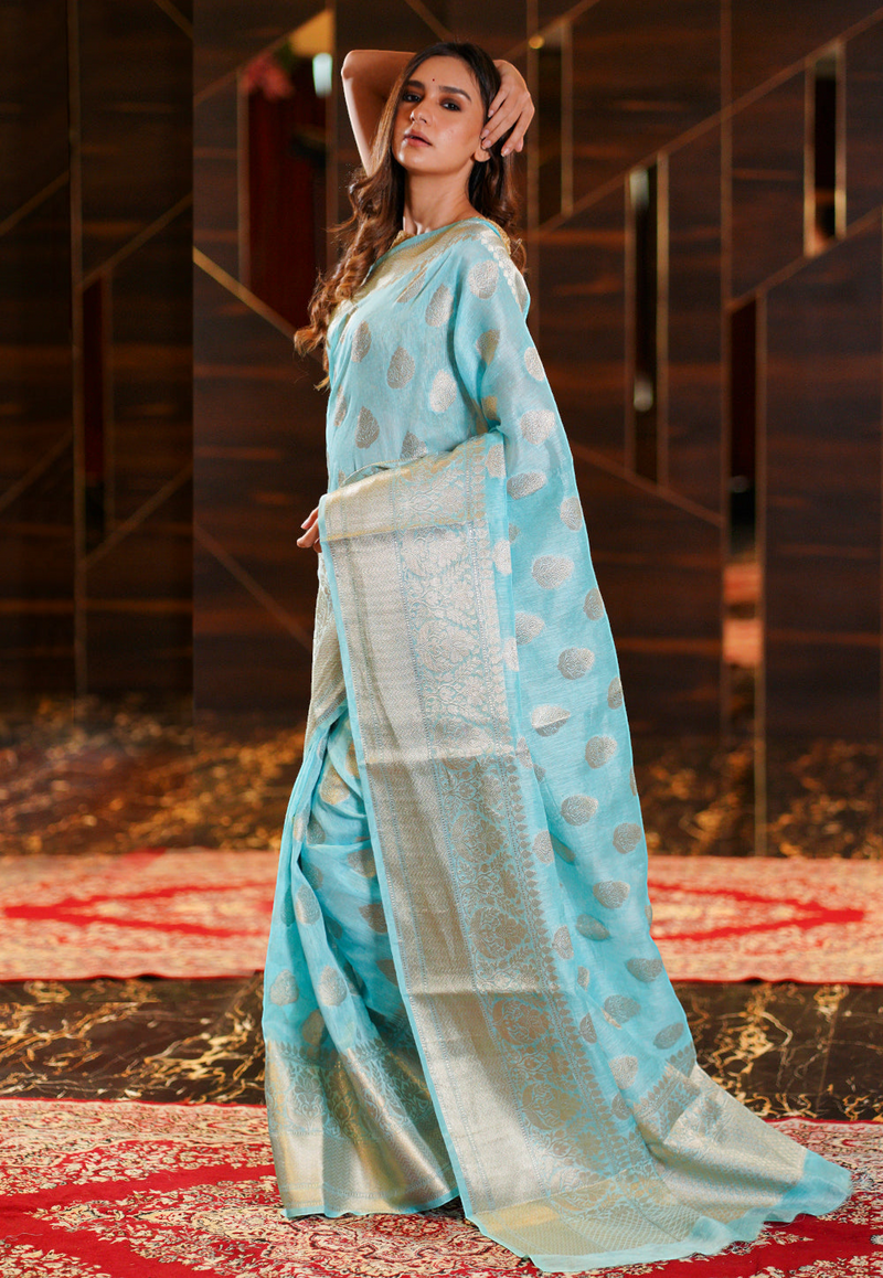 Light aqua Blue Pure Linen Banarasi Saree - The Handlooms