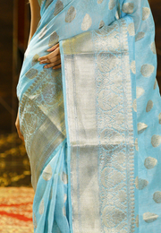 Light aqua Blue Pure Linen Banarasi Saree - The Handlooms