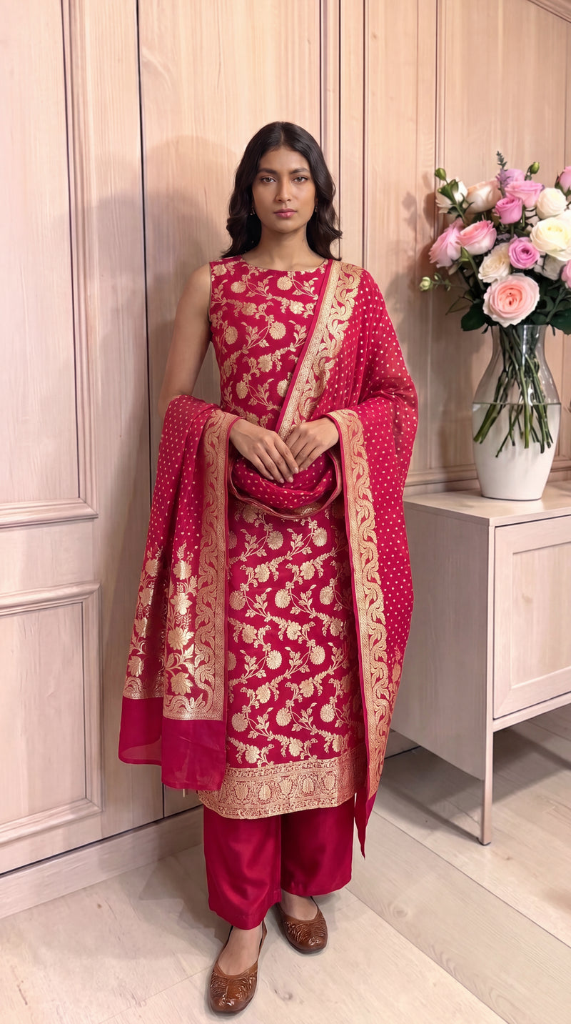 Pure Khaddi Georgette Handloom Banarasi Dress Material Water Zari - The Handlooms