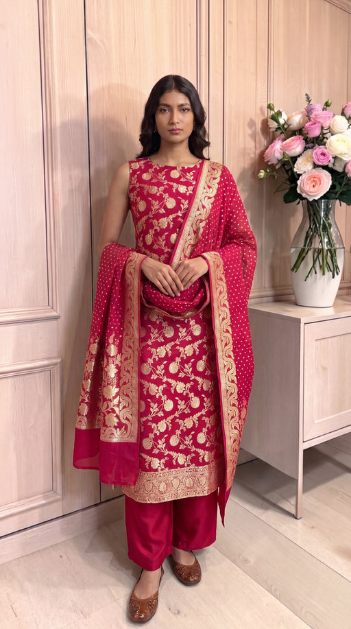 Pure Khaddi Georgette Handloom Banarasi Dress Material Water Zari - The Handlooms