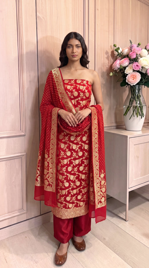Pure Khaddi Georgette Handloom Banarasi Dress Material Water Zari - The Handlooms