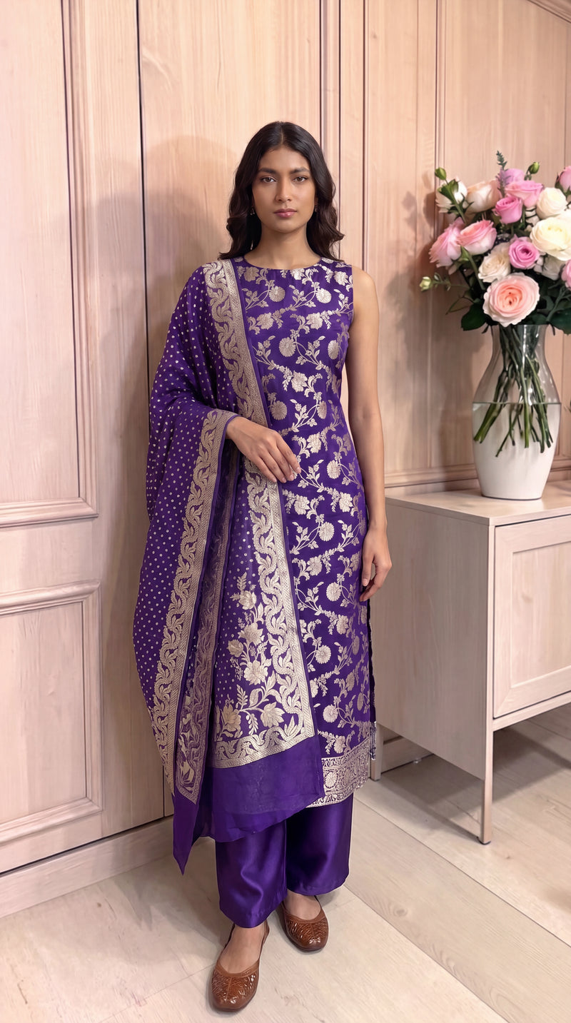 Pure Khaddi Georgette Handloom Banarasi Dress Material Water Zari - The Handlooms