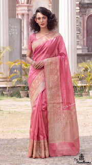 Strawberry Pure linen Banarasi Saree - The Handlooms