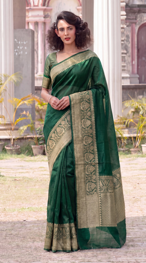 Pure linen Banarasi Basil Green Saree - The Handlooms