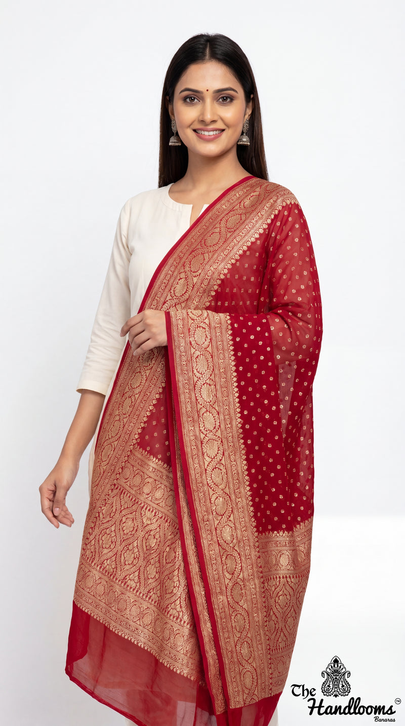 Red Pure Khaddi Georgette Dupatta - The Handlooms