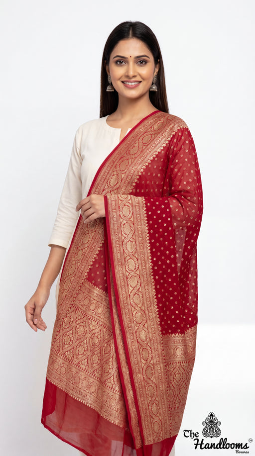 Red Pure Khaddi Georgette Dupatta - The Handlooms