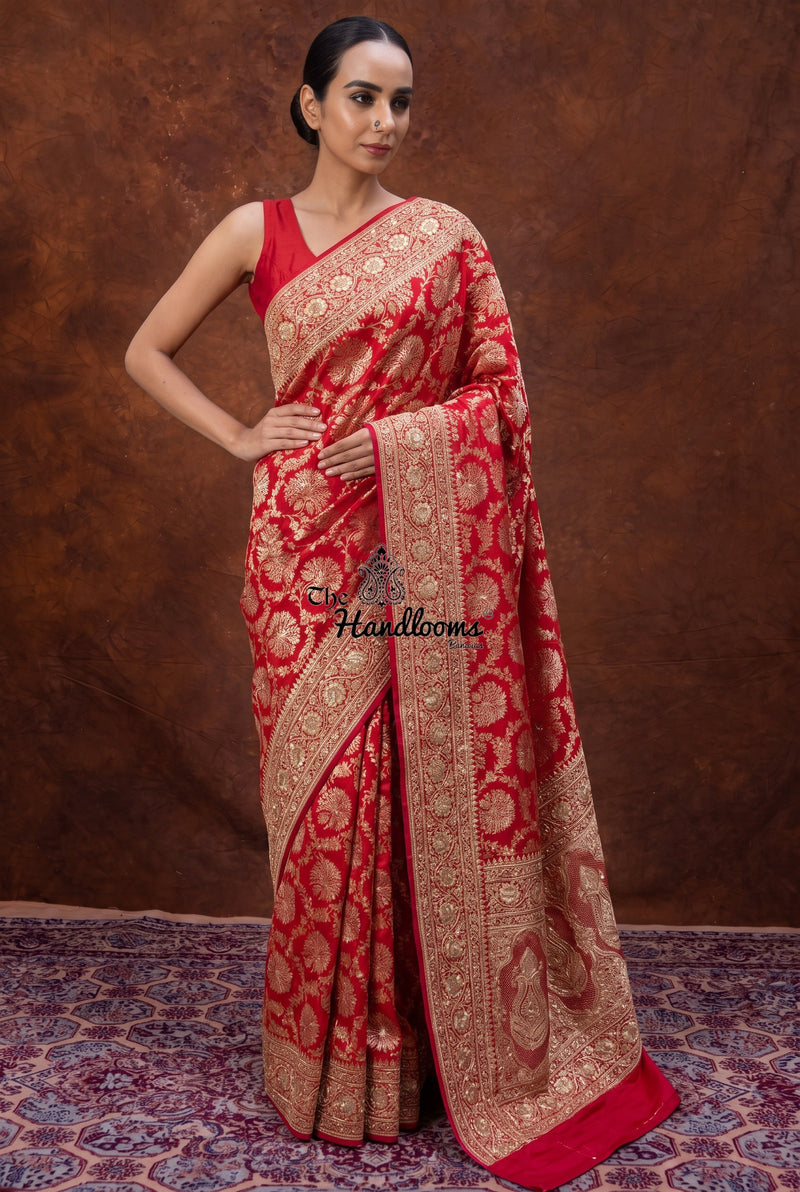 Pure Katan Silk Banarasi Handloom Saree with Zardozi Gota Patti Handwork