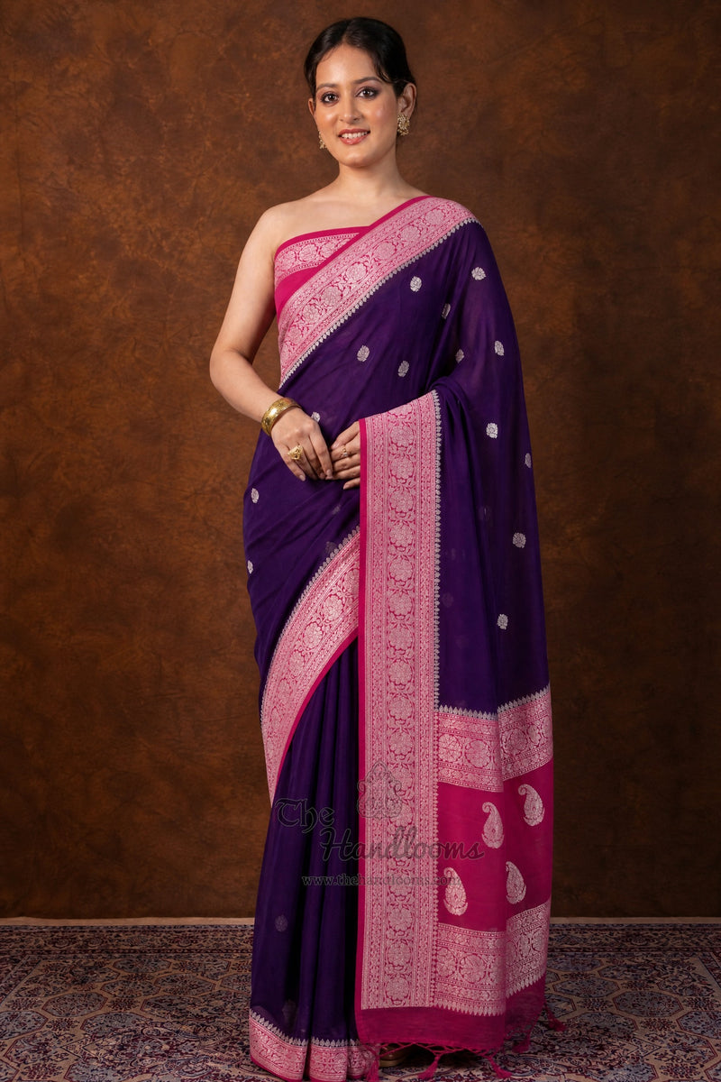 Purple Pure Georgette Handloom Banarasi Saree - Silver Zari