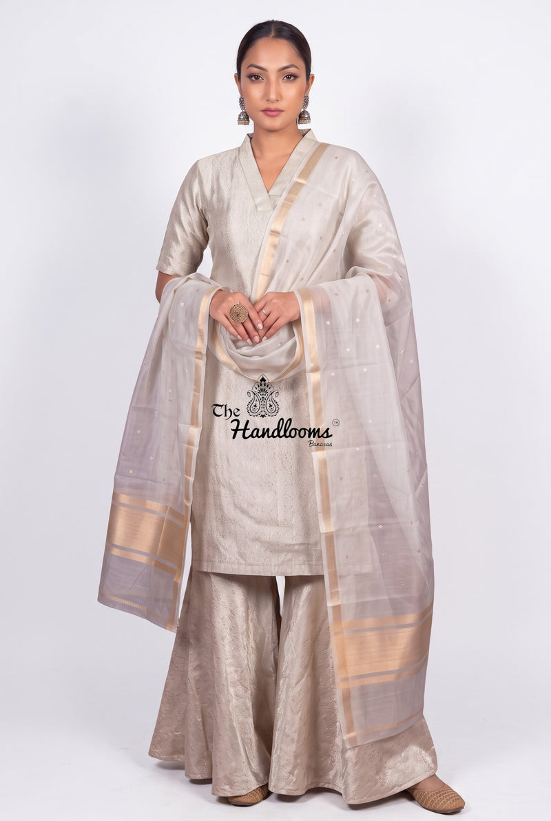 Ivory Pure Khaddi Georgette Brocade Kurta Sharara Set with Kora Silk Dupatta