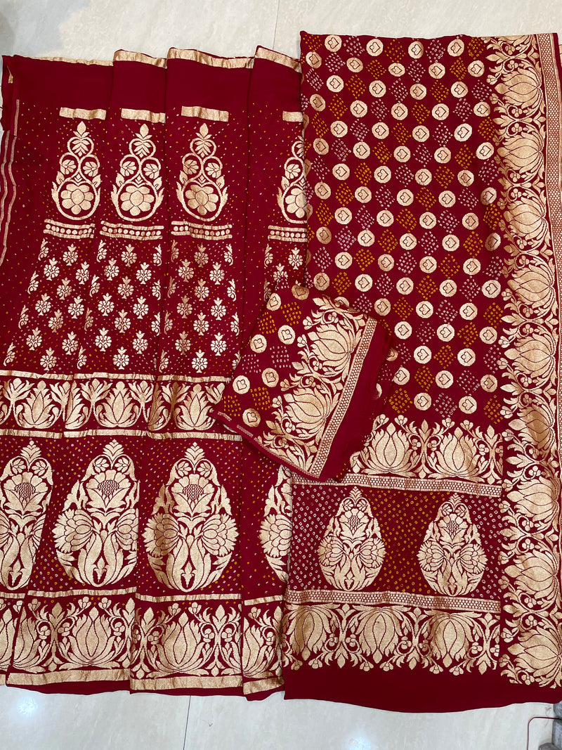 Pure Khaddi Georgette Bandhani Handloom Banarasi Lehenga - The Handlooms