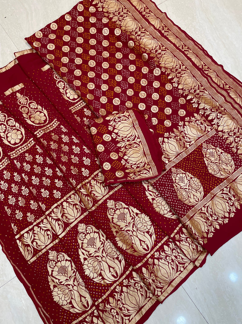 Pure Khaddi Georgette Bandhani Handloom Banarasi Lehenga - The Handlooms