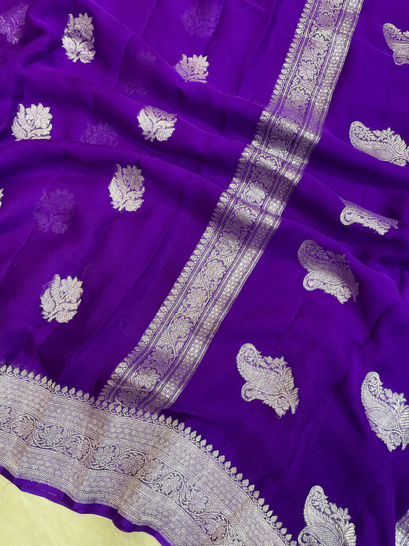 Purple Pure Georgette Banarasi Handloom Saree - The Handlooms