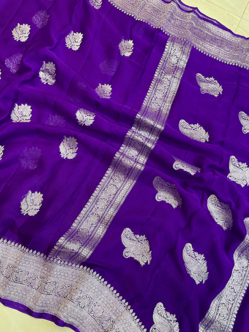 Purple Pure Georgette Banarasi Handloom Saree - The Handlooms